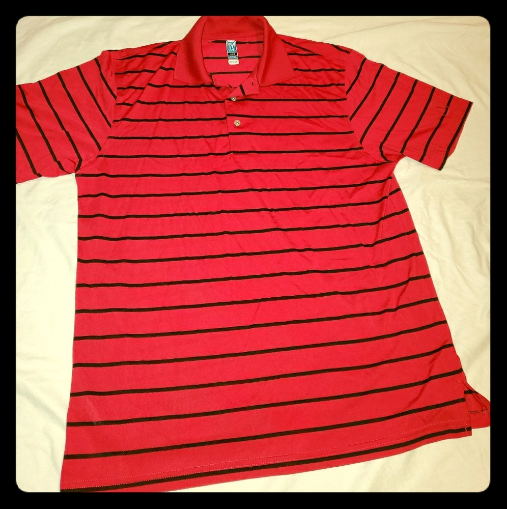 Large PGA Tour Polo red black striped shirt